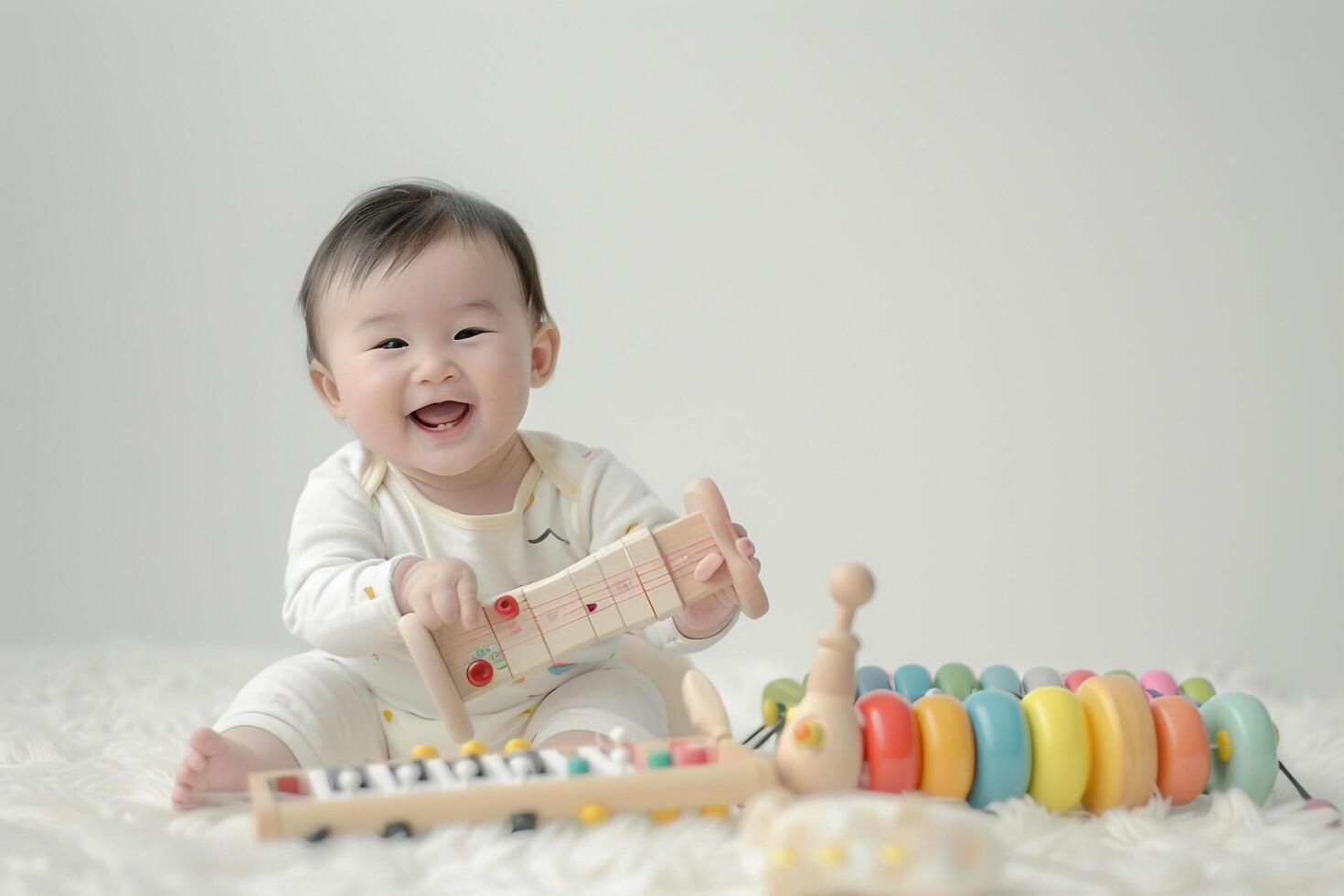 Baby Engaged with Musical Instruments Discovering Sounds and Rhythms While Playing photo