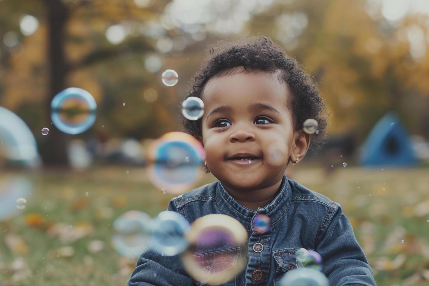 Baby Playing with Bubbles in a Park Experiencing Joyful and Fun Moments photo