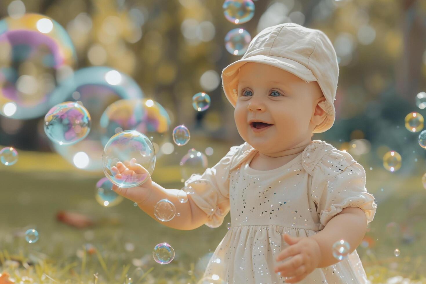 Baby Having Fun with Bubbles in a Park Delighting in Playful and Happy Moments photo