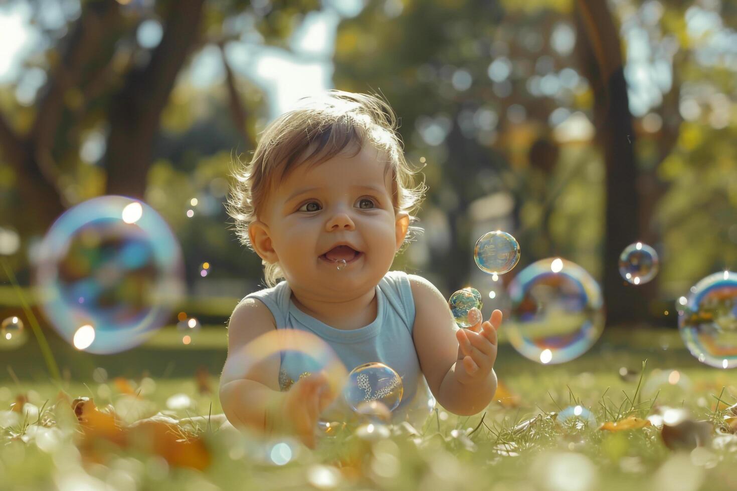 Baby Playing with Bubbles in the Park Experiencing Delightful and Playful Moments photo
