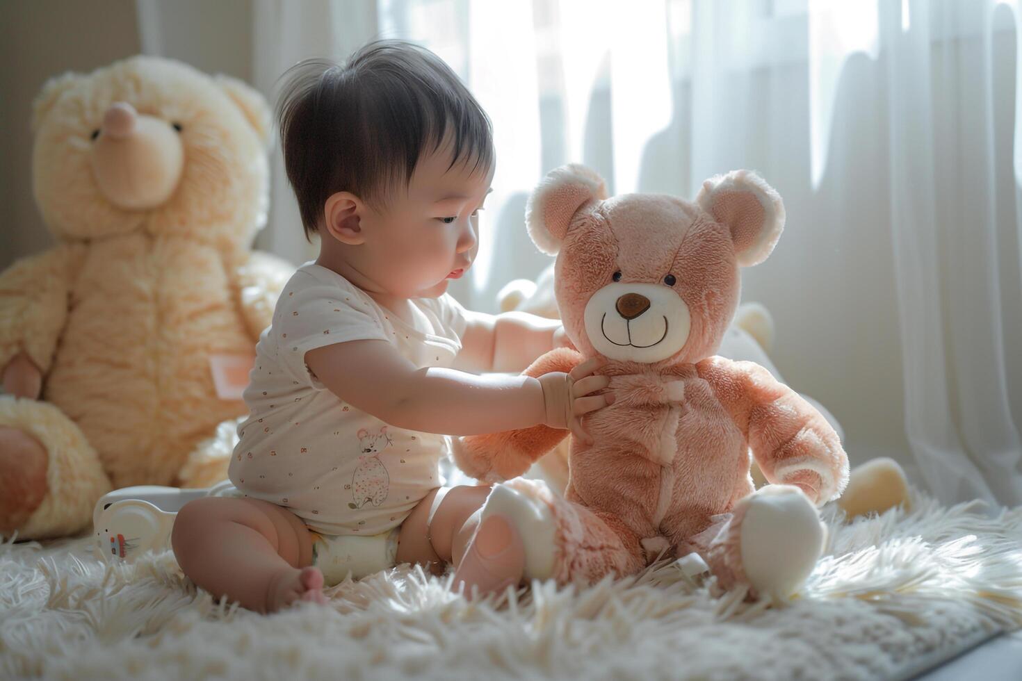 Baby Playing with Assorted Stuffed Animals Background photo