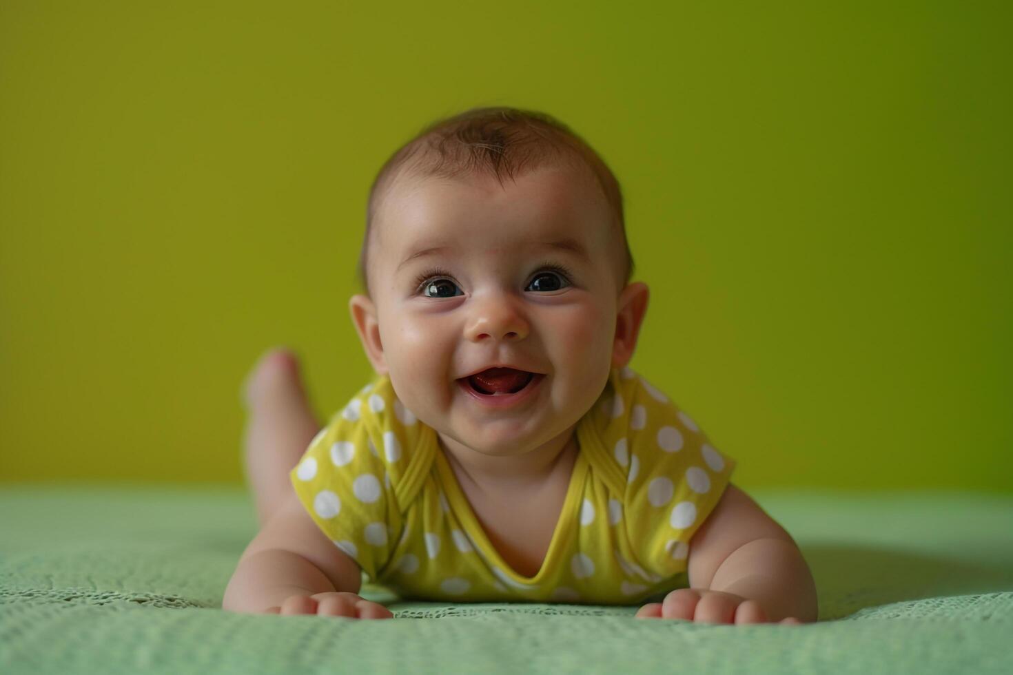 Baby with Lime Background Smiling and Happy photo