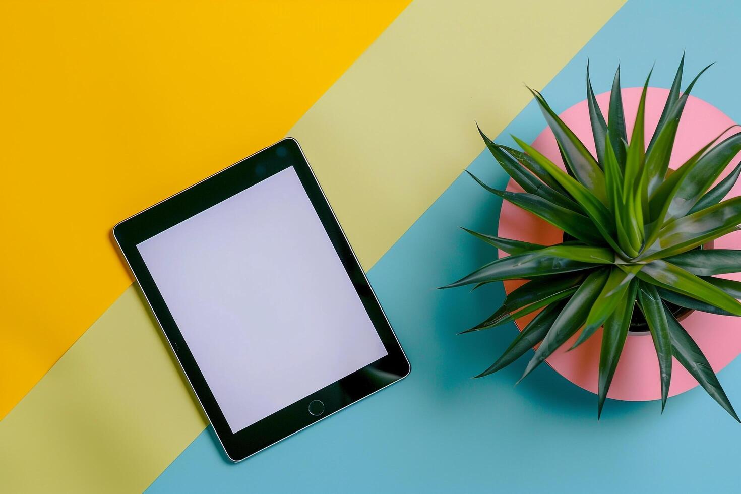 Tablet Screen Mockup in Lime Green Studio with Potted Plant   Background photo
