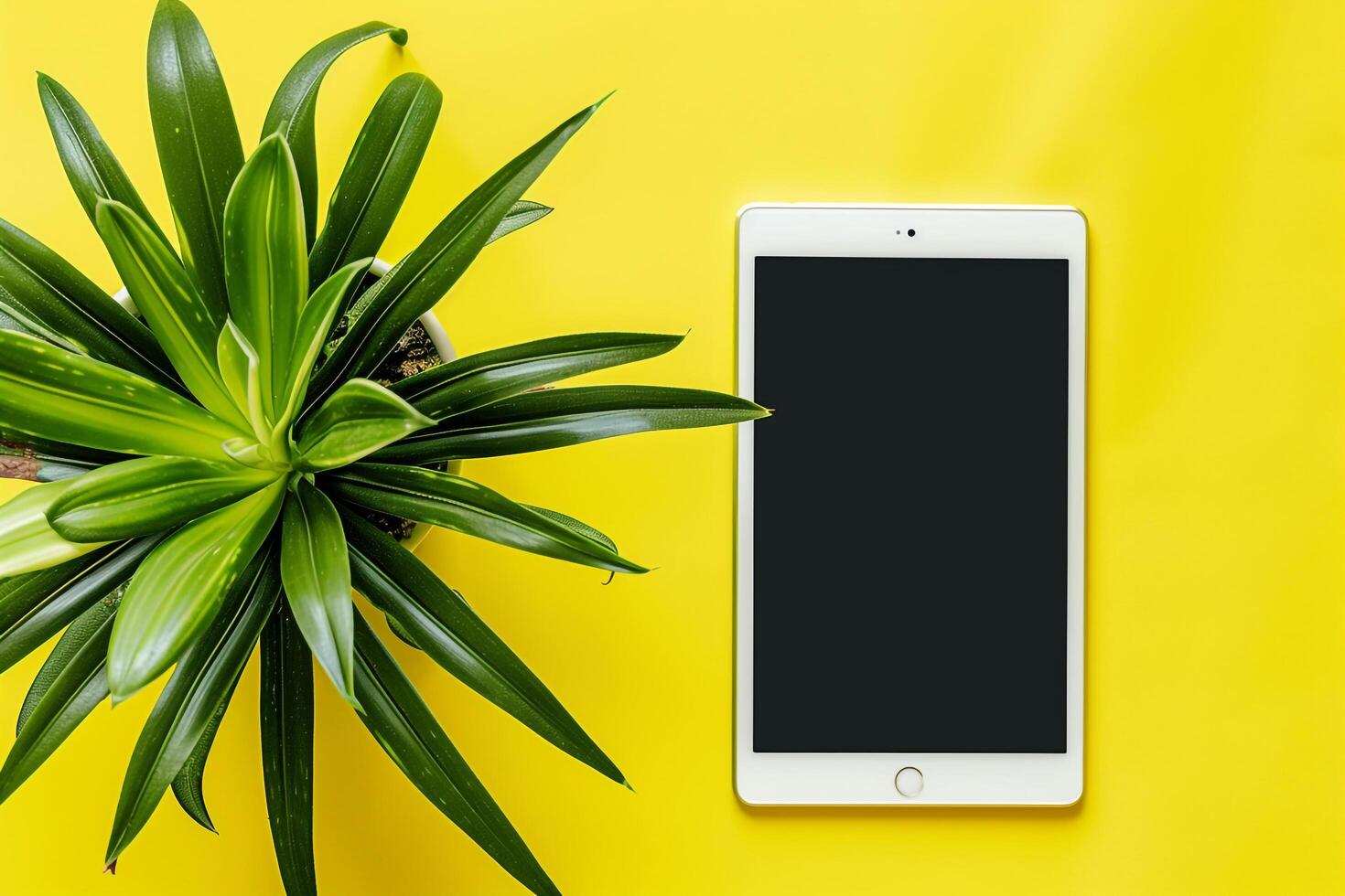 Tablet Screen Mockup with Lime Green Studio and Potted Plant Professional Look photo