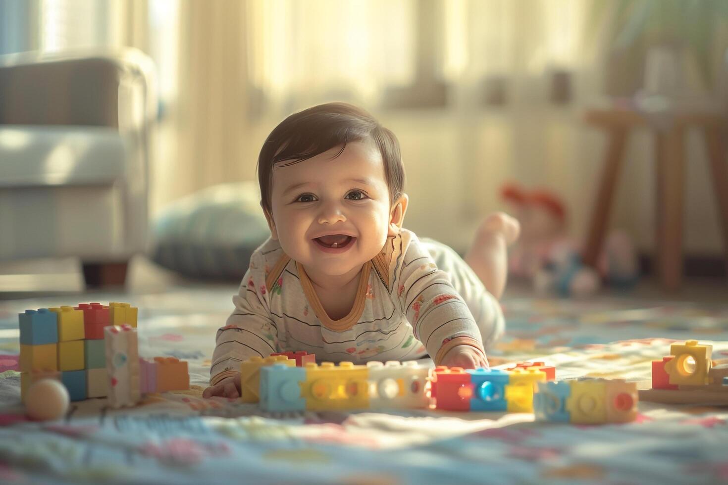 Baby Playing with Building Blocks   and Cheerful Background photo