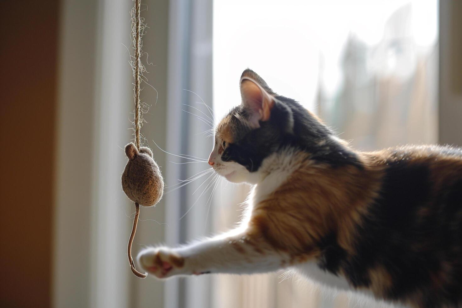 Calico Cat Batting at Dangling Toy Mouse Joyful Play photo
