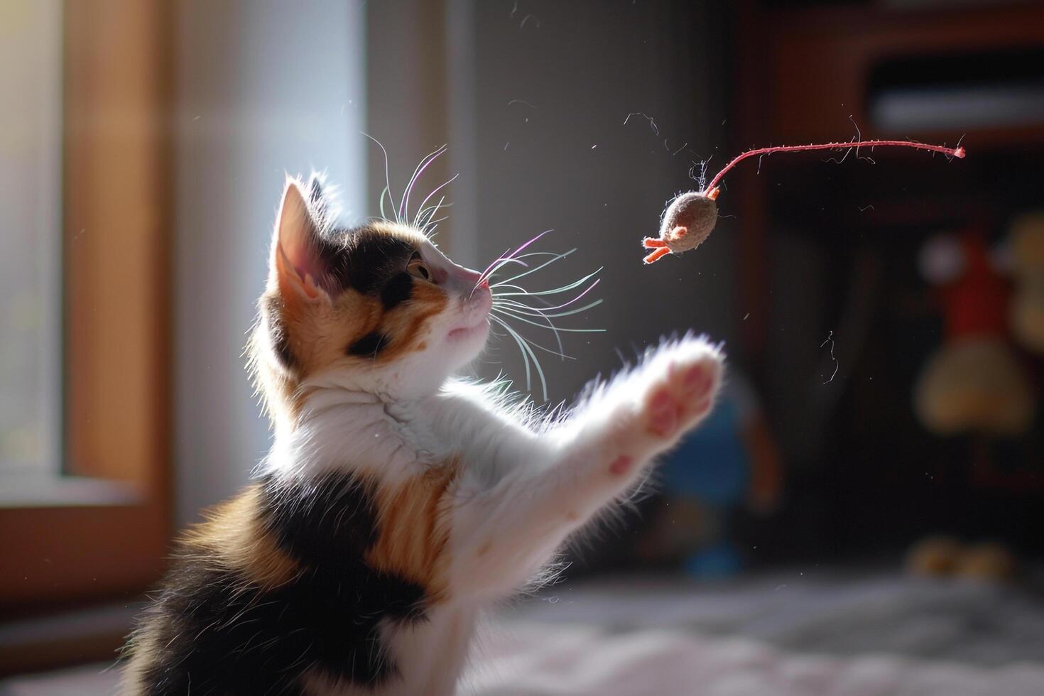 Calico Cat Batting at Dangling Toy Mouse Fun and Energetic photo