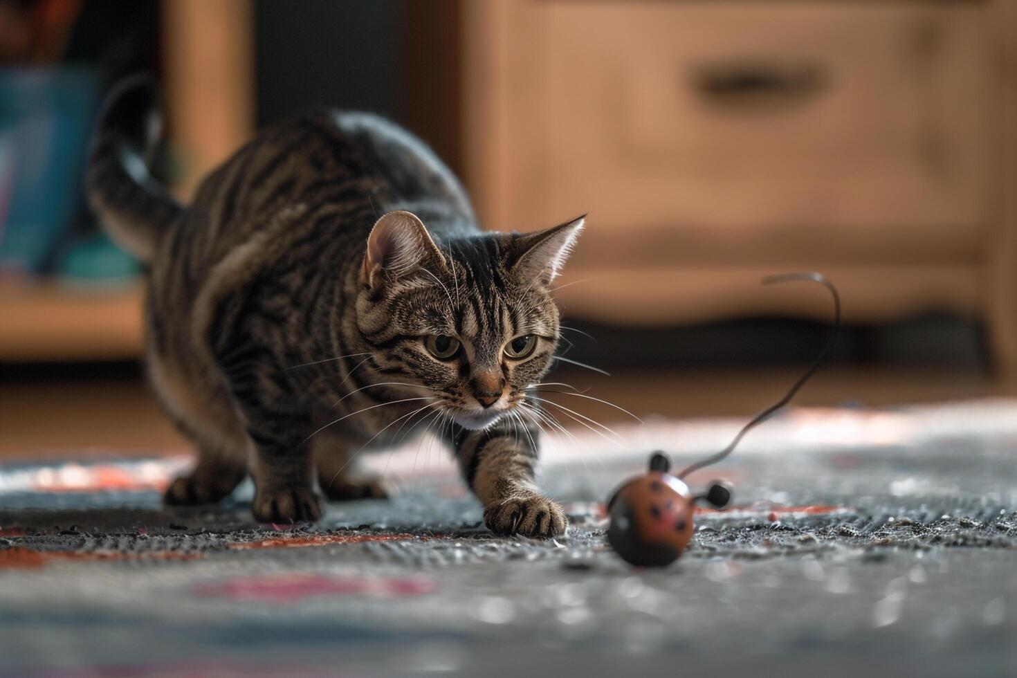 Gray Tabby Cat with Wind Up Toy Mouse on Carpet Fun Play photo