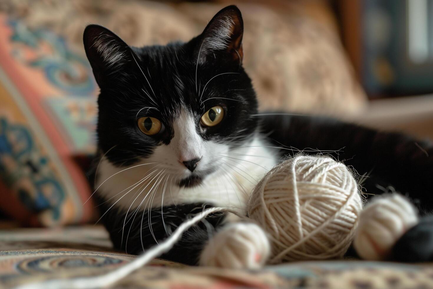 Tuxedo Cat Playing with Ball of Yarn Unraveling with Curiosity photo