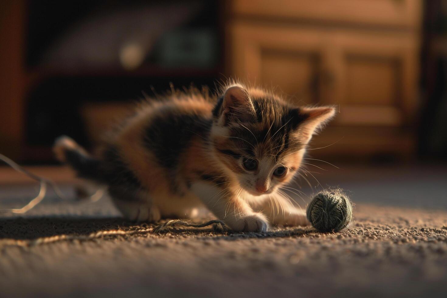 Calico Kitten Playing with Yarn Rolling it Across Floor photo