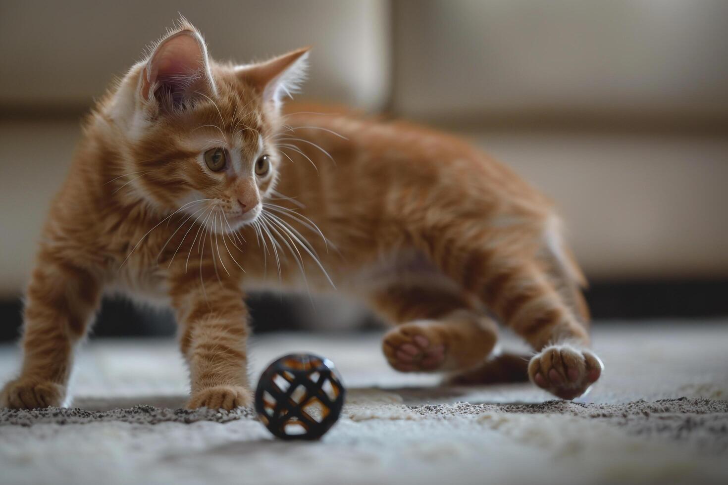 Tabby Kitten Batting at Spinning Ball Toy Enjoying Interactive Play photo