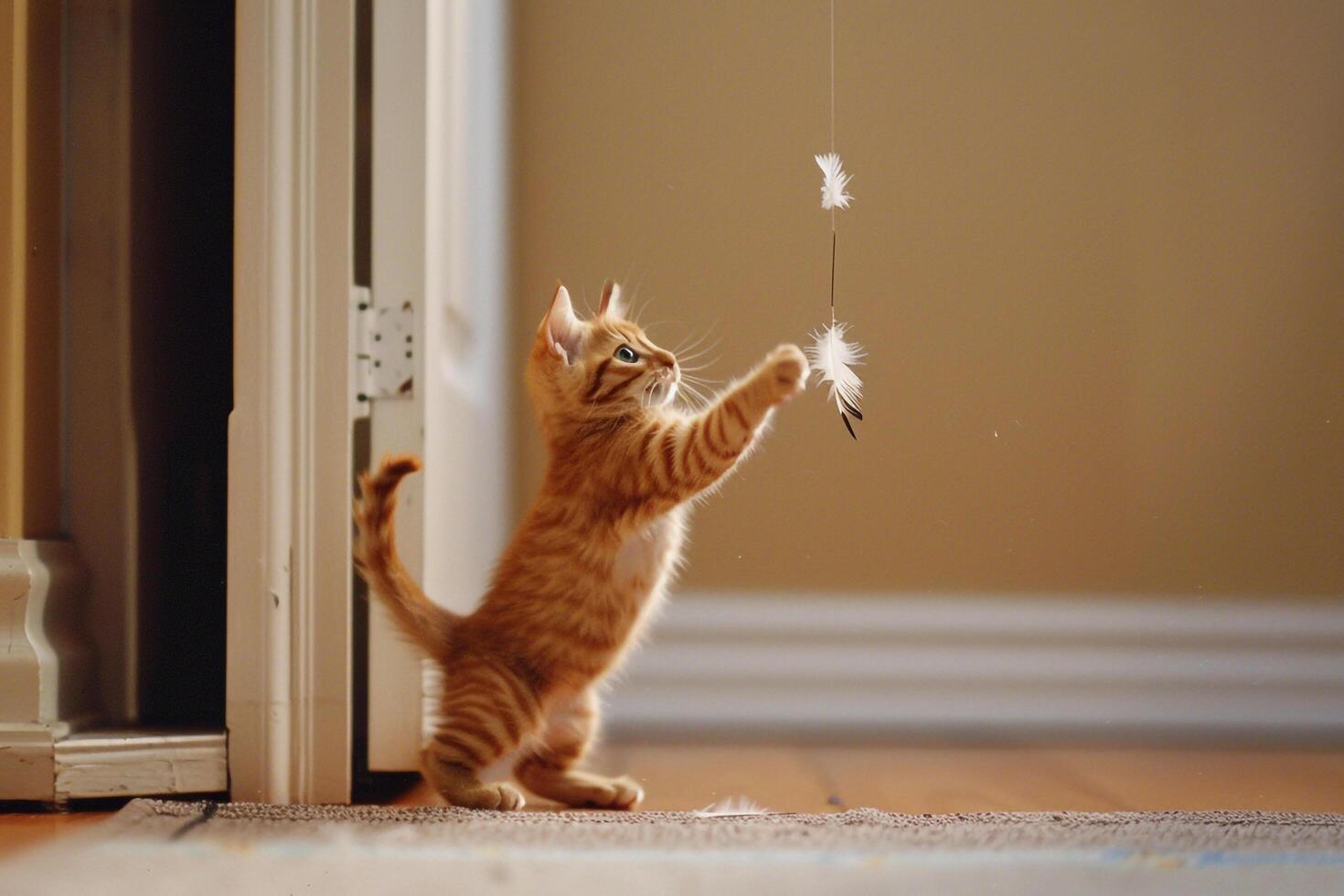 Tabby Kitten Batting at Feather Toy Interactive Play from Door Frame photo