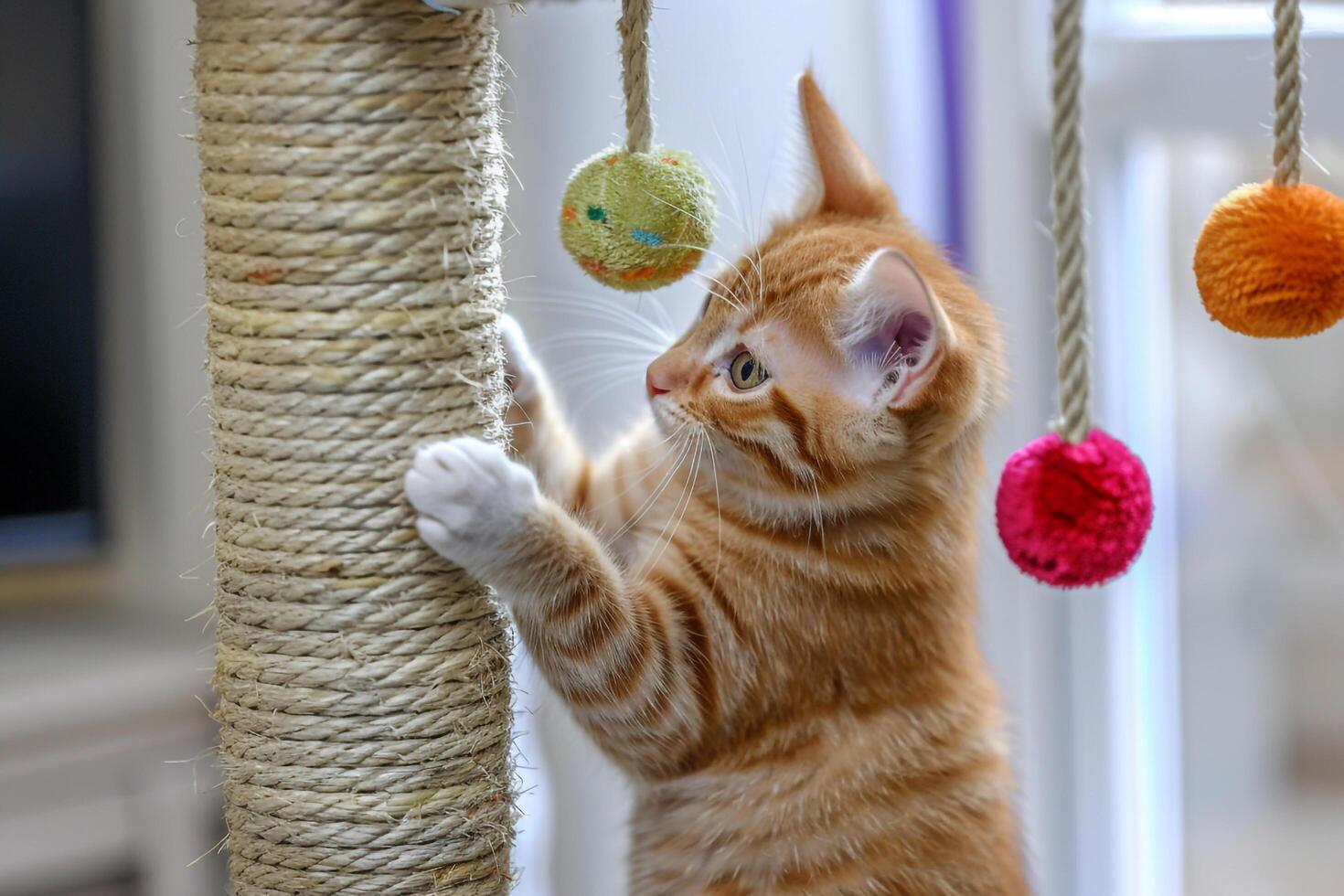 Tabby Kitten Playing with Hanging Toy Balls on Scratching Post photo