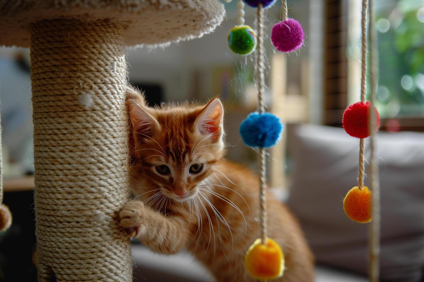 Tabby Kitten Batting at Hanging Toy Balls on Scratching Post photo