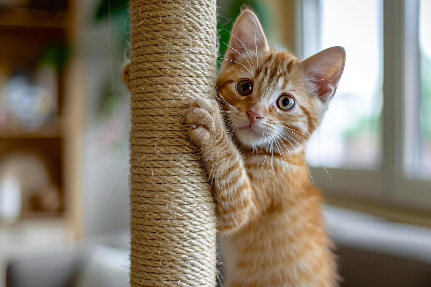 Tabby Kitten Climbing Scratching Post Excited Play photo
