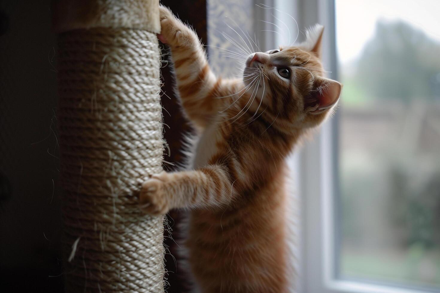 Tabby Kitten Enthusiastically Climbing Scratching Post photo