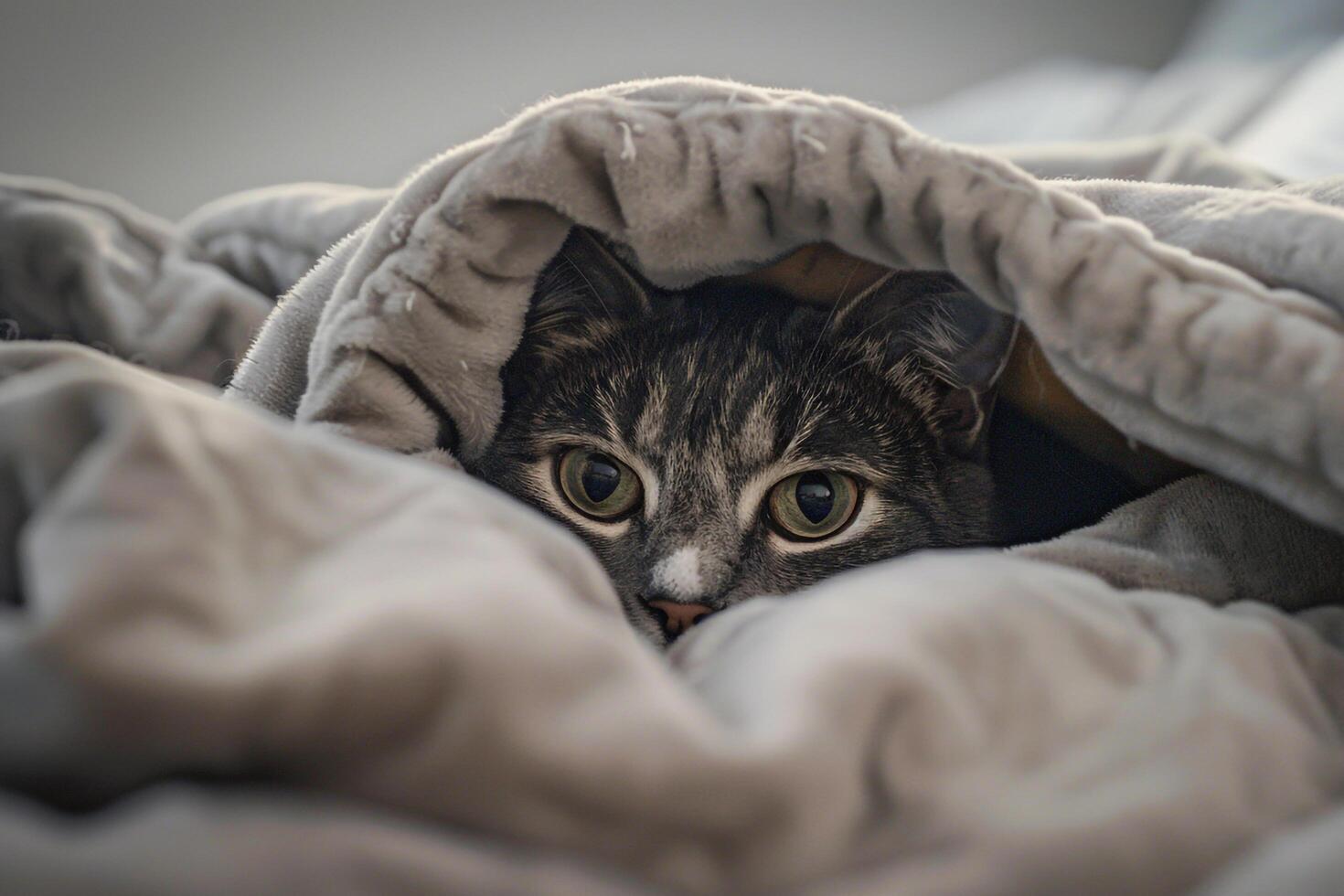 Gray Tabby Cat Peeking Out from Blanket Curious Expression photo