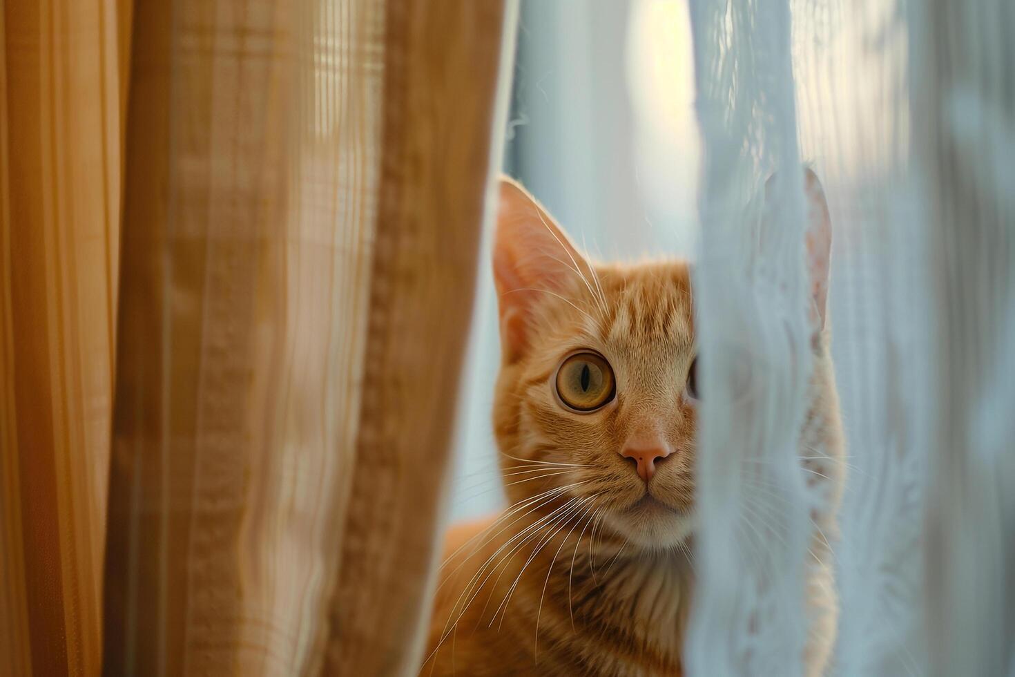 Tabby Cat Peeking Out from Behind Curtain Ready to Surprise photo
