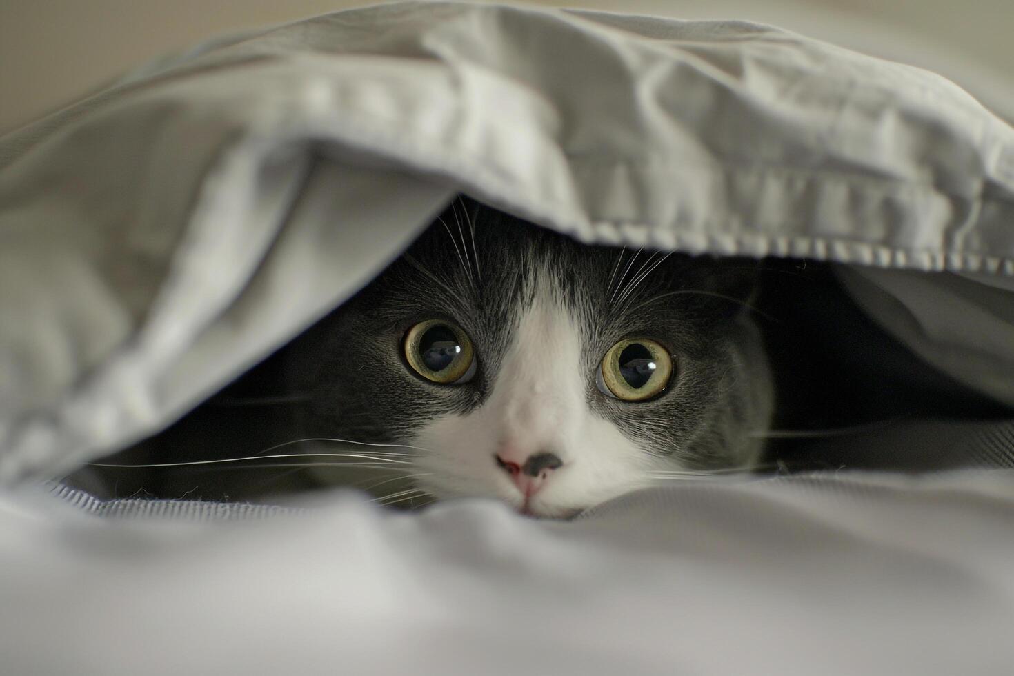 Gray and White Cat Peeking from Under Bed with Mischievous Eyes photo