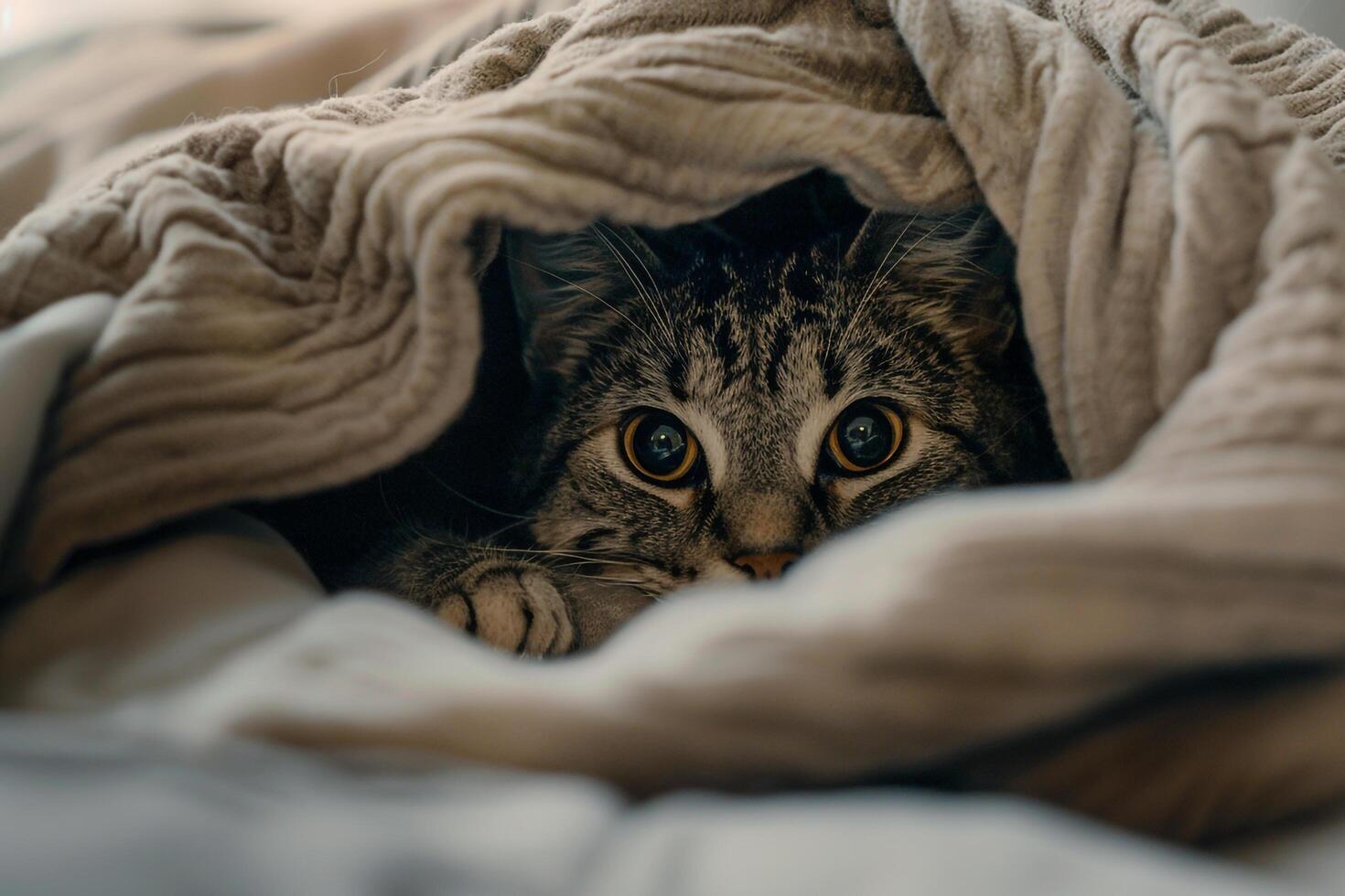 Gray Tabby Cat Peeking Out from Blanket Curious and Engaging photo