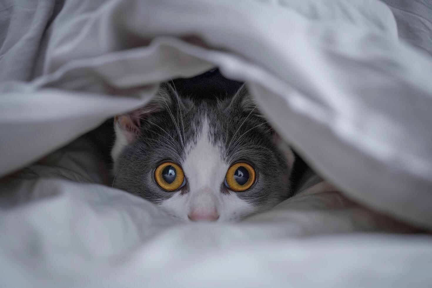 Gray and White Cat Cautiously Peeking Out from Under Bed Showing Mischievous Eyes photo