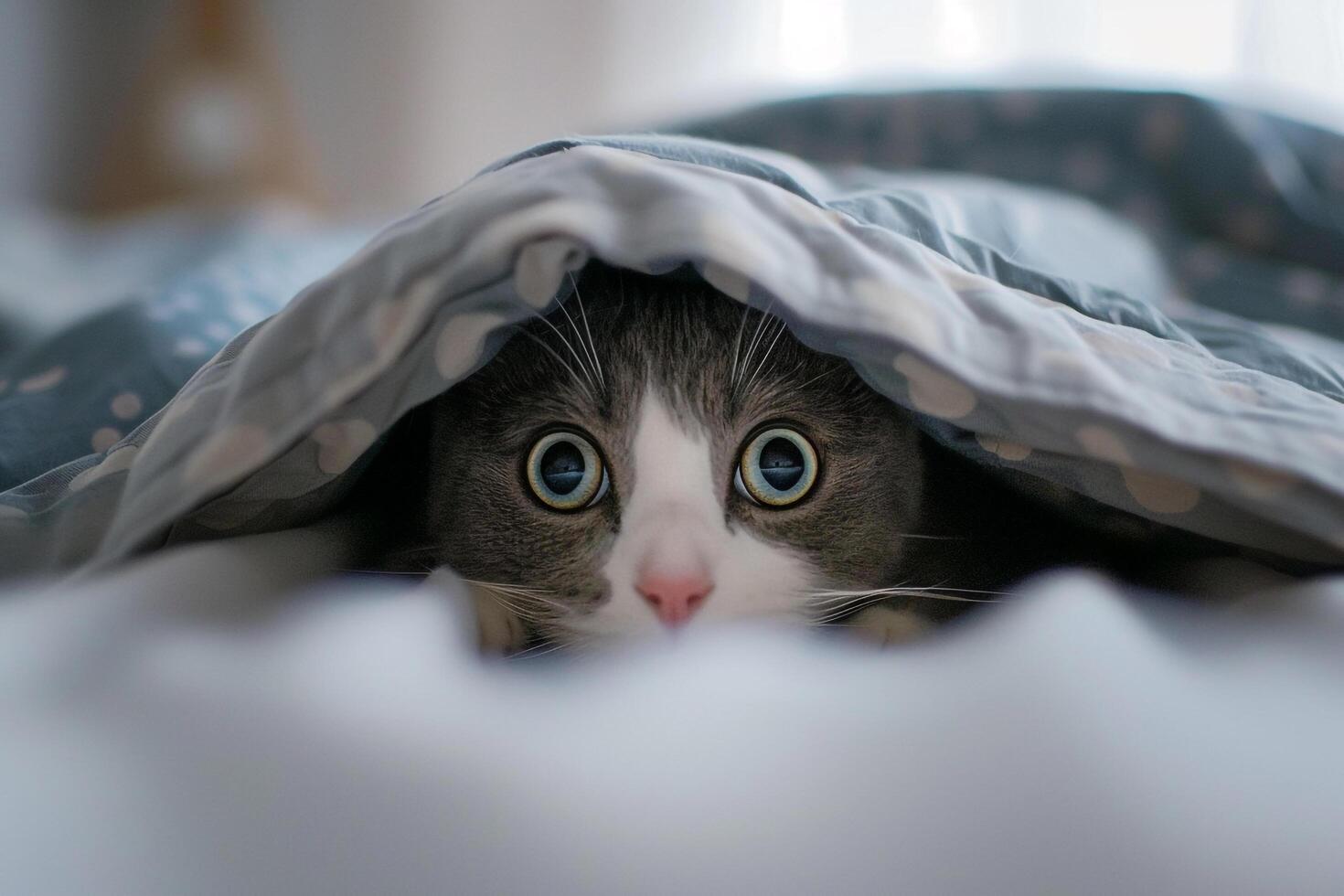 Gray and White Cat Peeking Playfully from Under Bed with Mischievous Expression photo