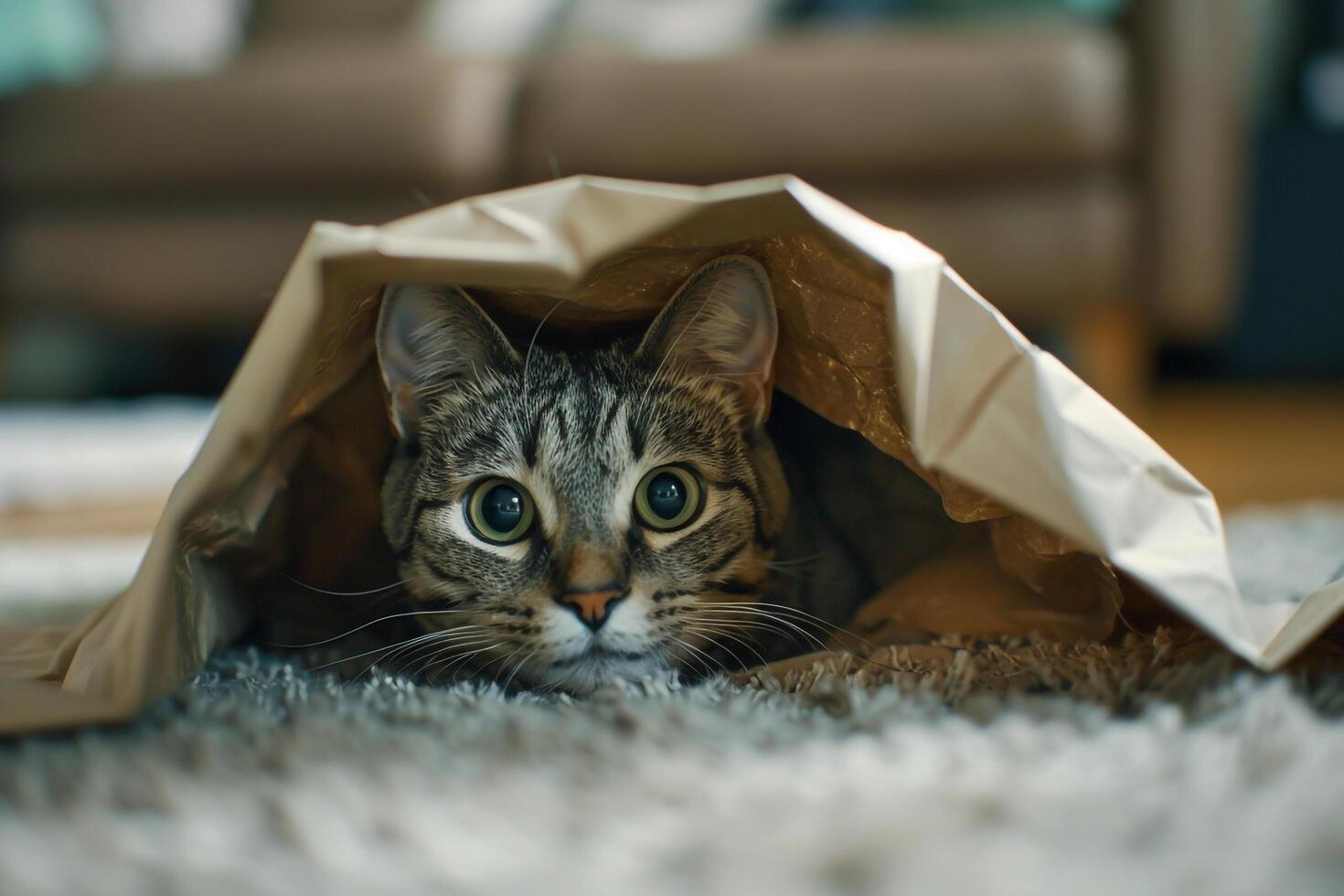 Gray Tabby Cat s Fun Expression as It Peeks from Inside a Paper Bag with Curiosity photo