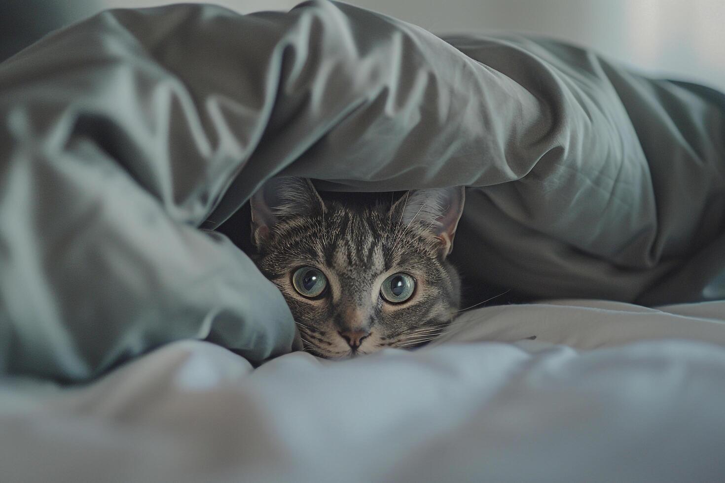 Tabby Cat Curiously Peeking from Inside Paper Bag Showcasing a Fun and Engaging Expression photo