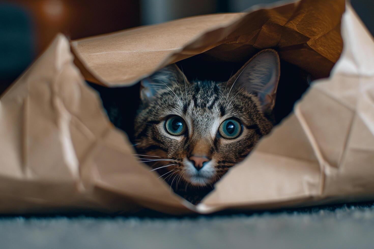Tabby Cat Peeking from Inside Paper Bag with a Fun and Curious Expression photo