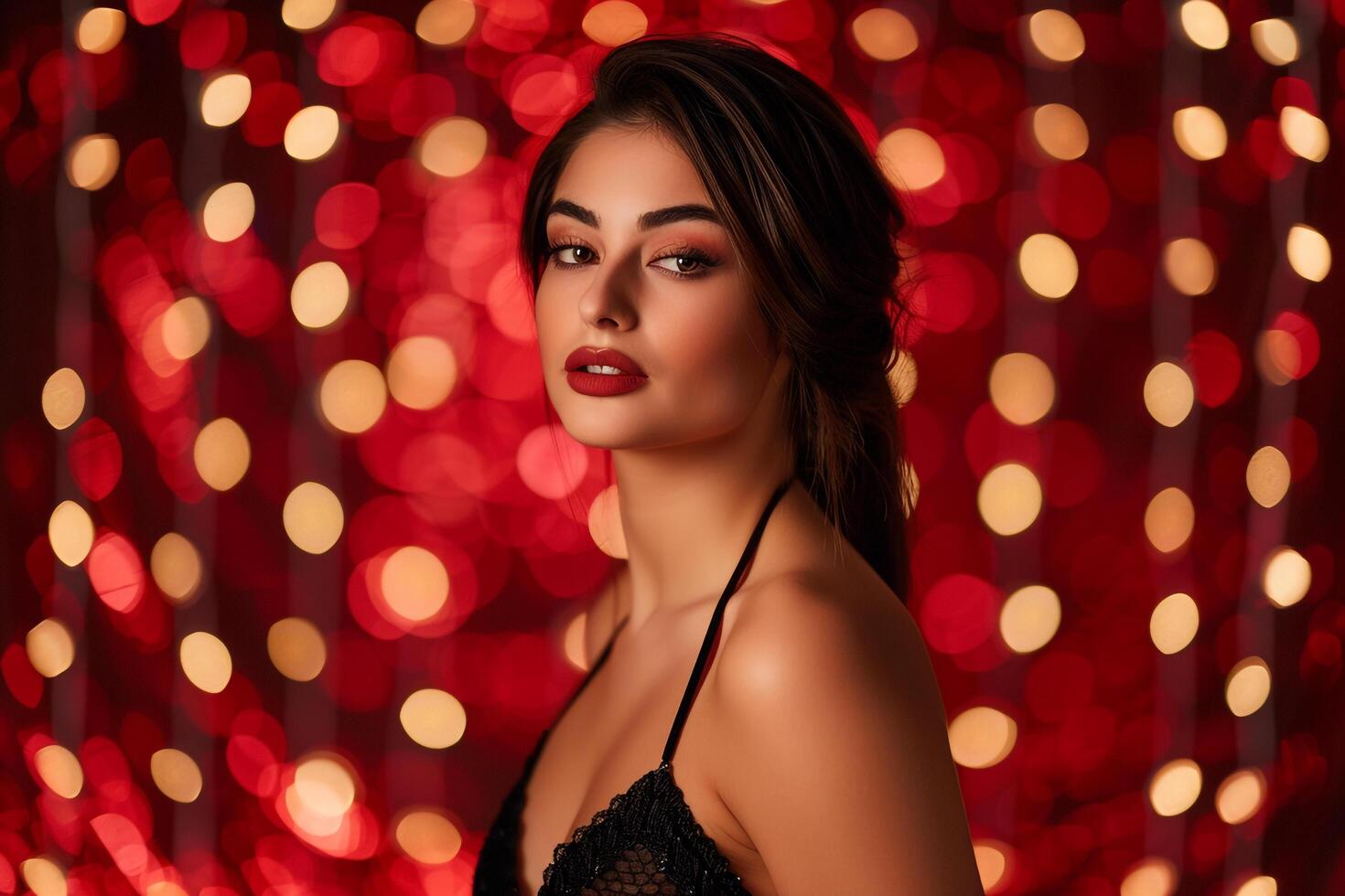 Glamorous Portrait Featuring Red Carpet Background Exuding Luxury and Elegance photo
