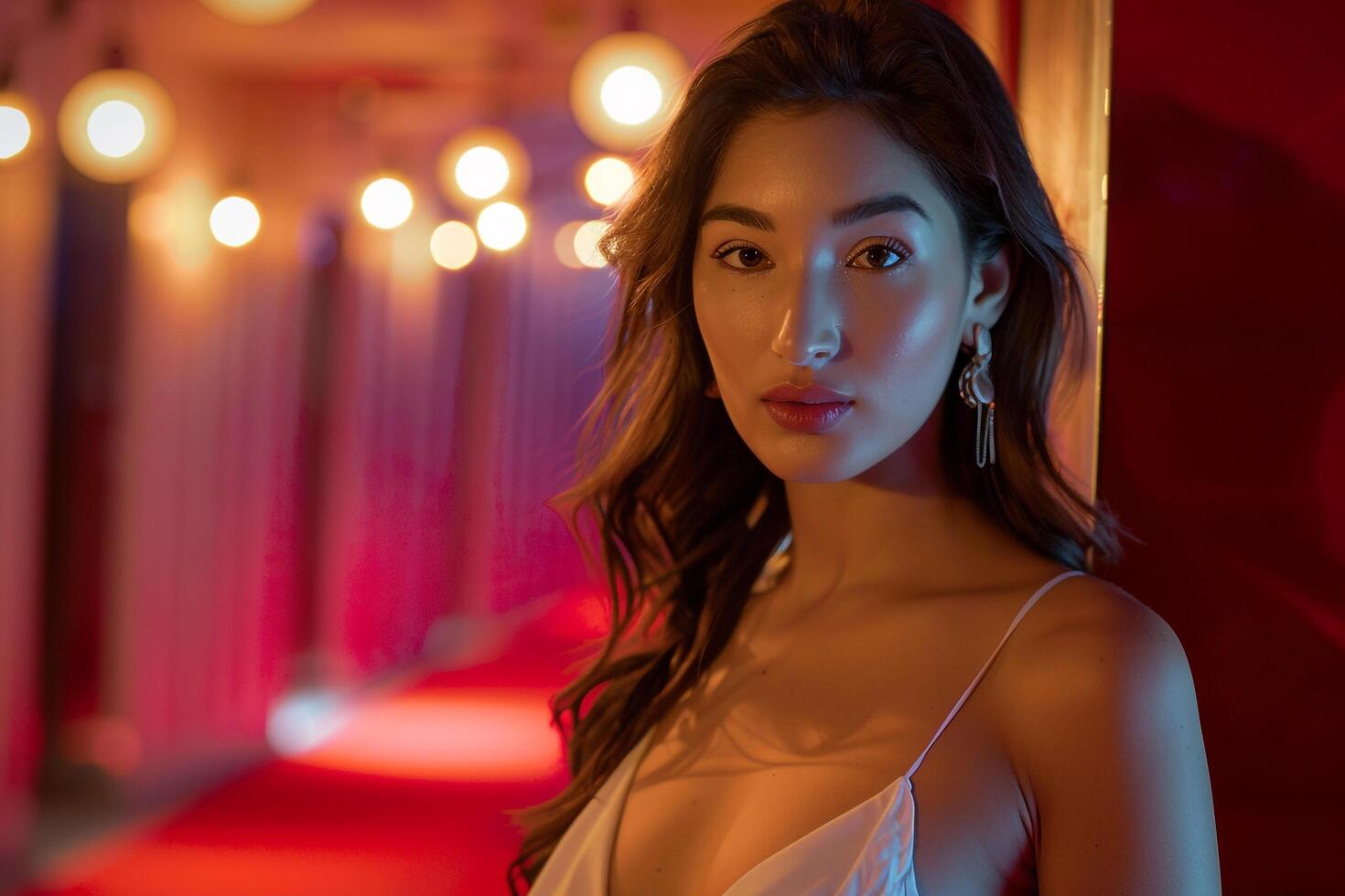 Stunning Glamorous Portrait with Red Carpet  Background Radiating Elegance photo