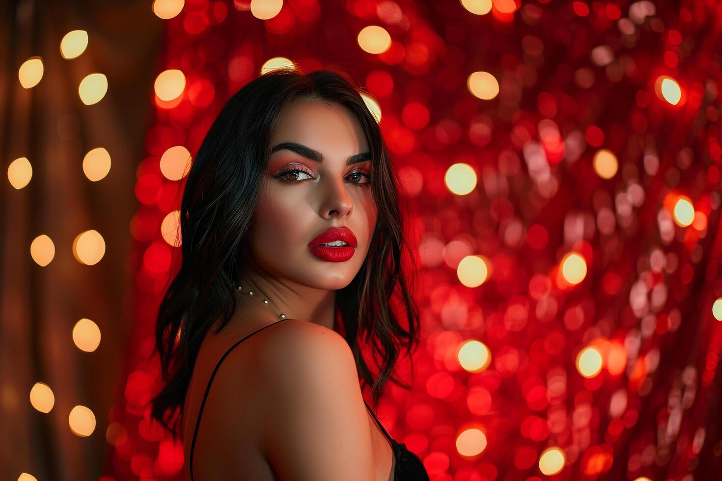 Exquisite Glamorous Portrait Set Against a Red Carpet Capturing Luxury photo