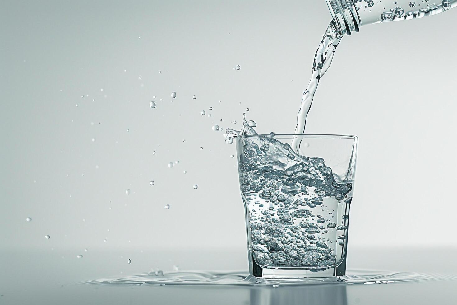 Bottled Water Pouring into Glass with Sparkling Effect Background photo