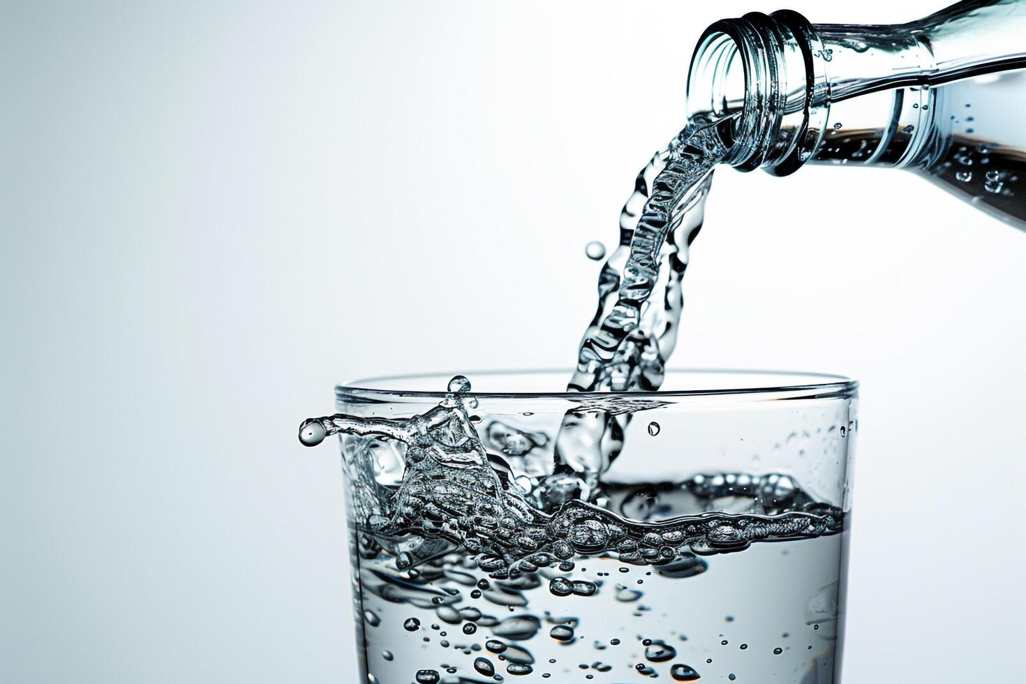 Bottled Water Pouring into Glass with   Flow and Sparkle Background photo
