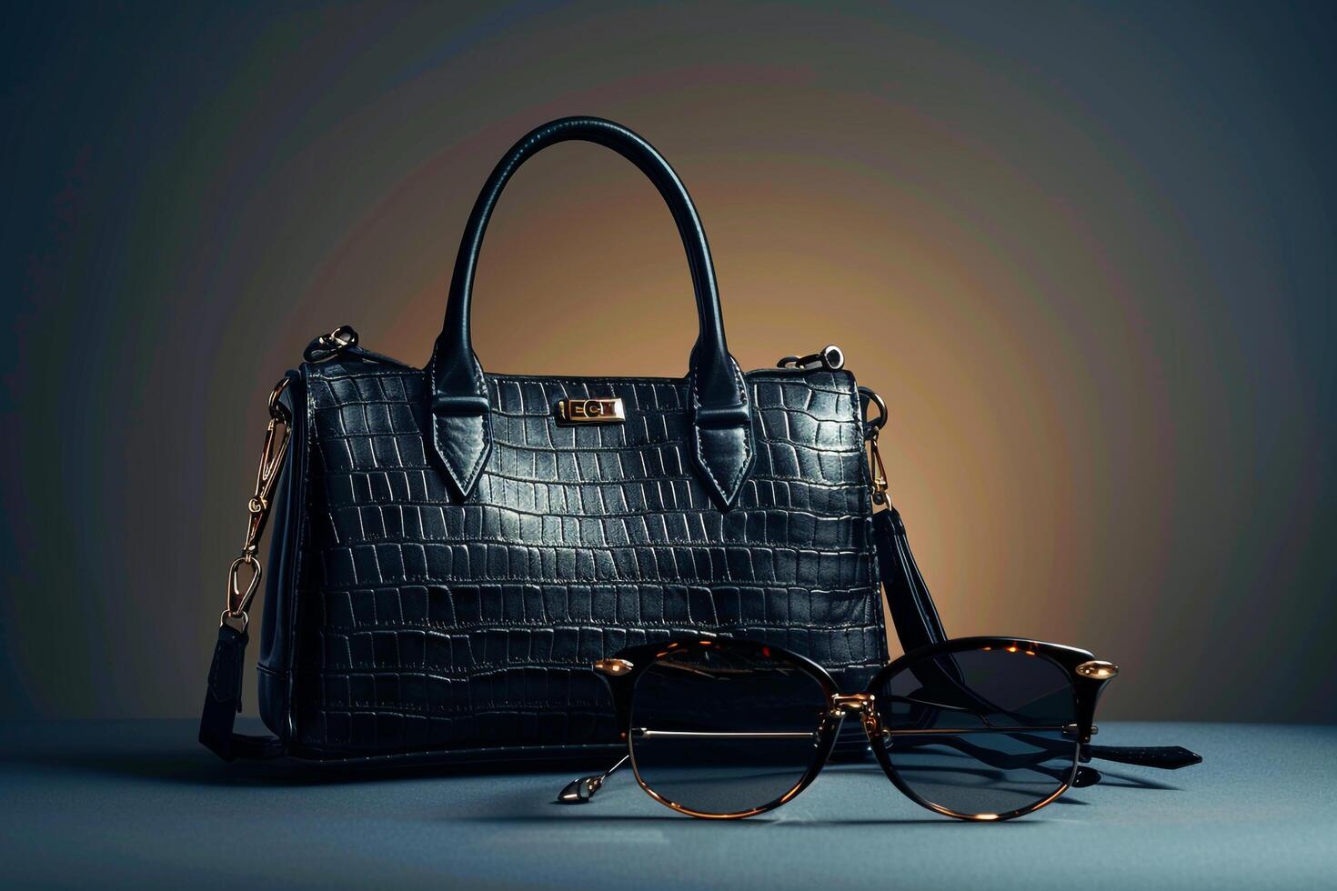 Handbag and Sunglasses with Stylish Arrangement on   Background photo