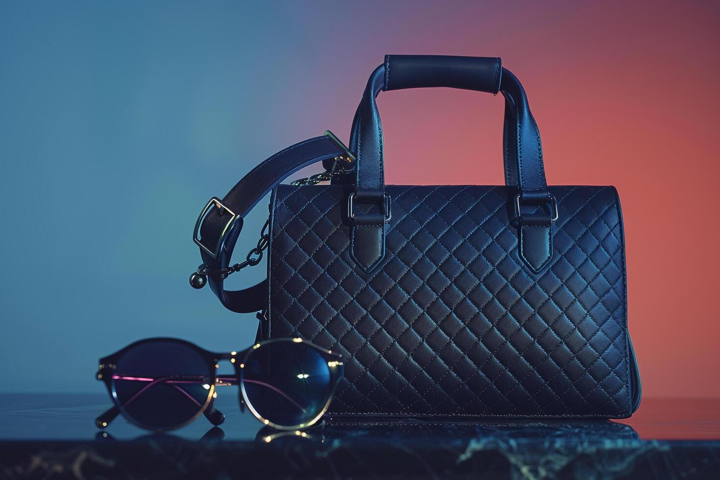 Handbag and Sunglasses with Trendy Design on   Background photo
