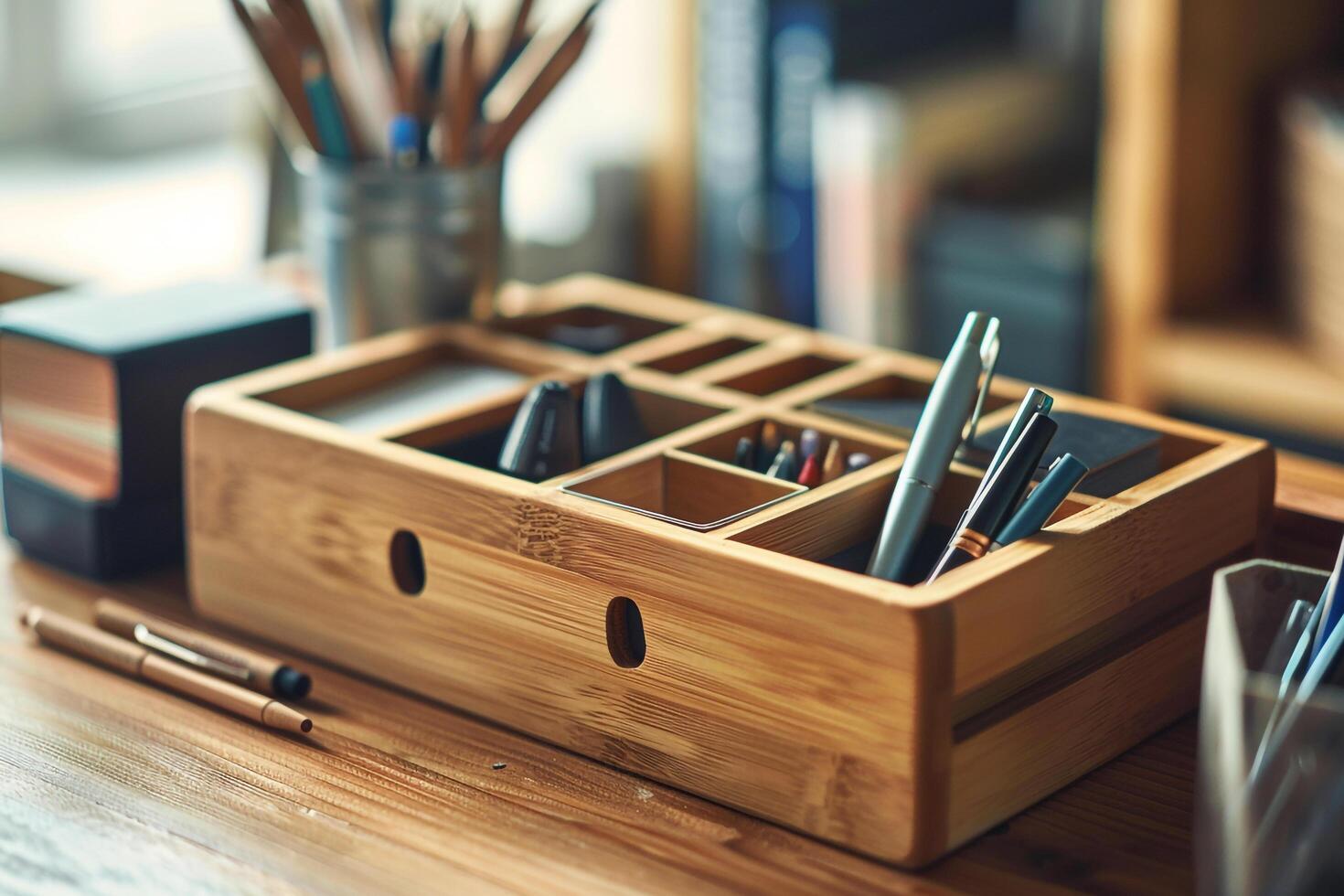 Wooden Desk Organizer with Stationery Items photo