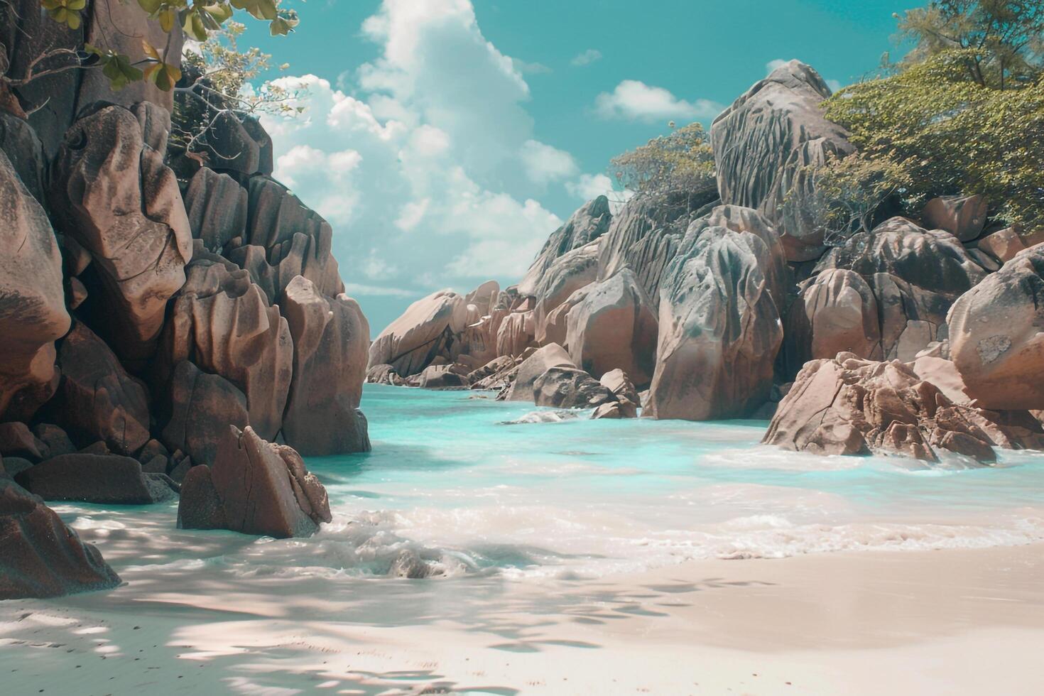 Pristine Seychelles beach with turquoise waters and granite boulders tropical island paradise photo