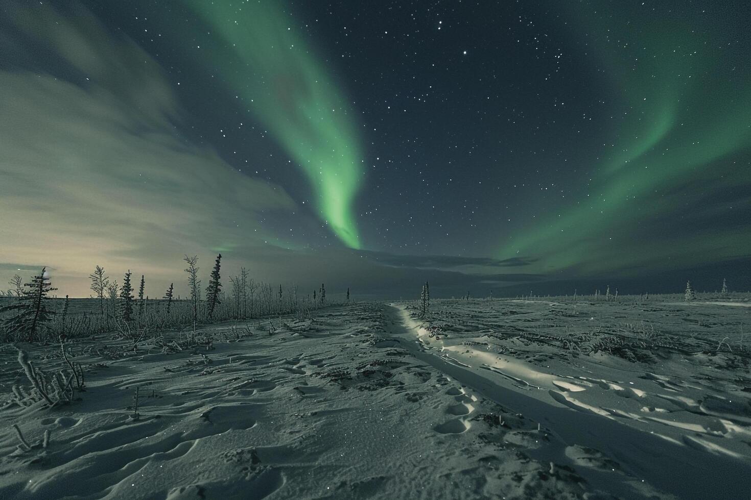 Arctic tundra illuminated by the Northern Lights offering a stunning winter spectacle photo