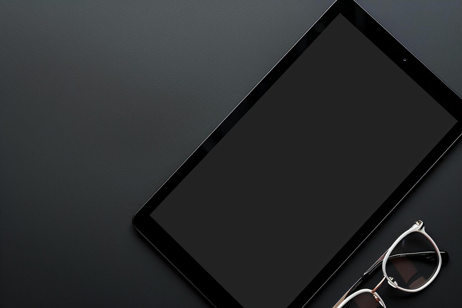 tablet screen mockup with glasses on a pristine  background photo