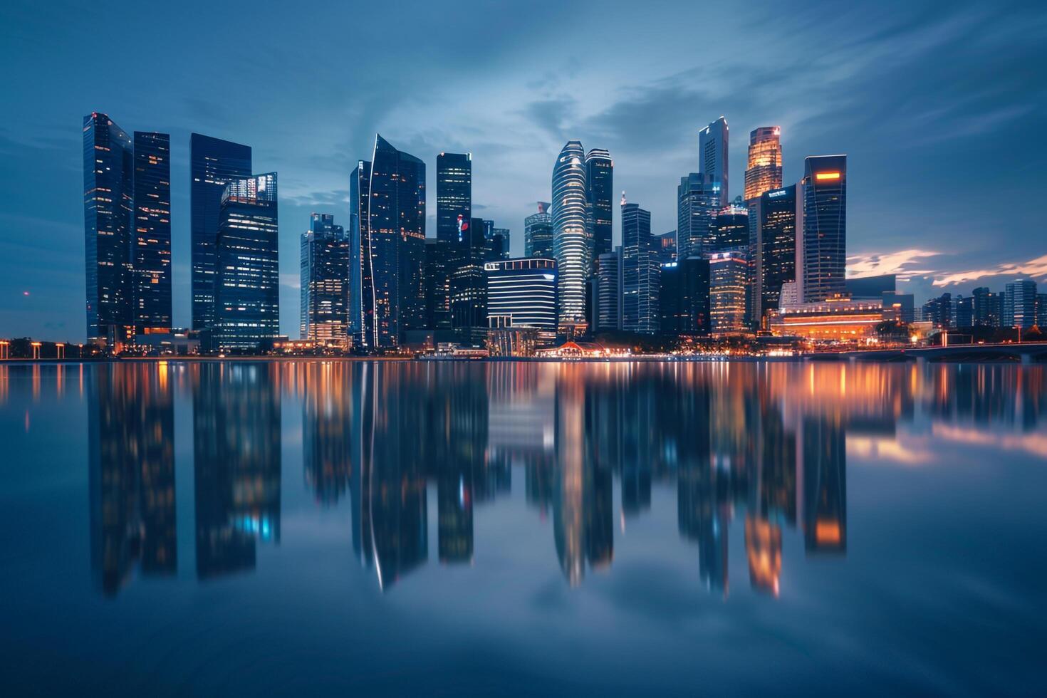 Evening Skyscraper Skyline with City Lights Reflecting in a Calm River photo