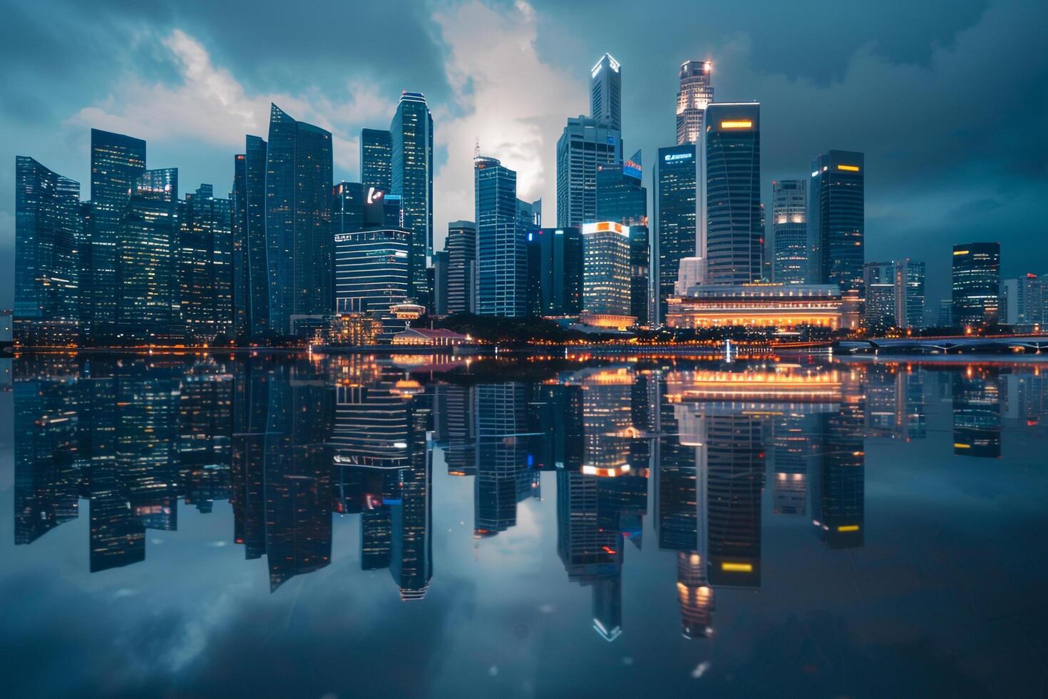 Urban Evening Skyline with Reflective Skyscrapers Illuminated in a City River photo