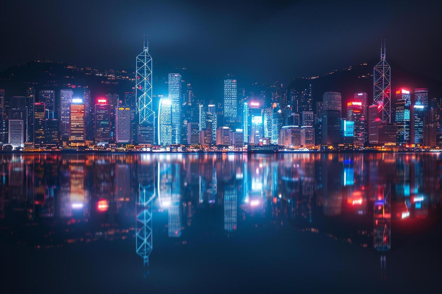 Neon Lit Hong Kong Skyline Reflected in Victoria Harbour at Night photo
