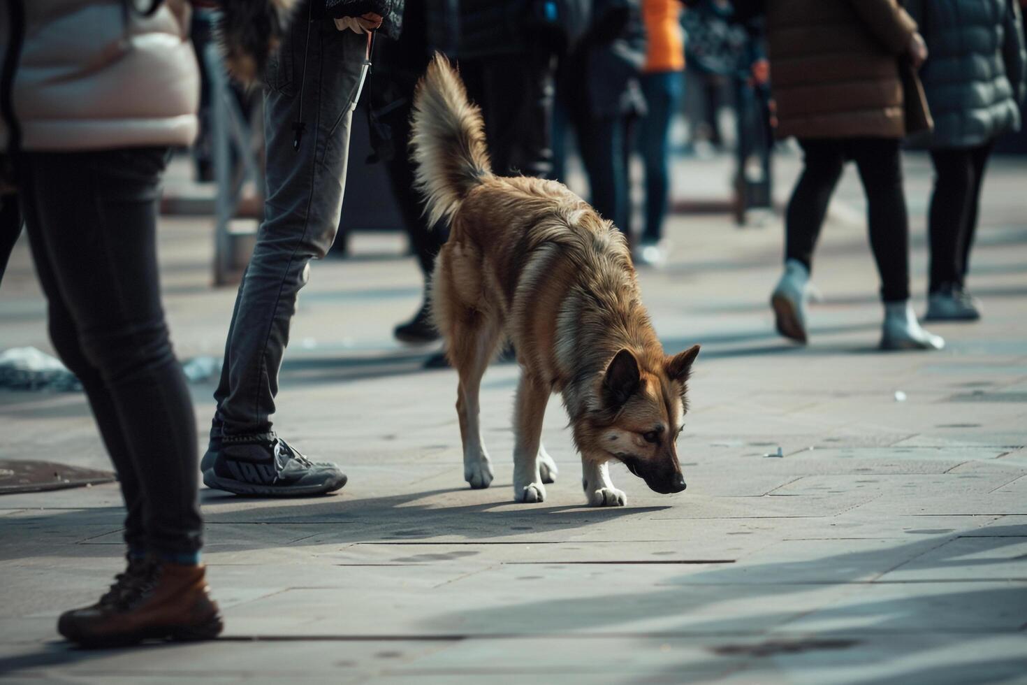 Dog sniffing city square with busy pedestrians background photo