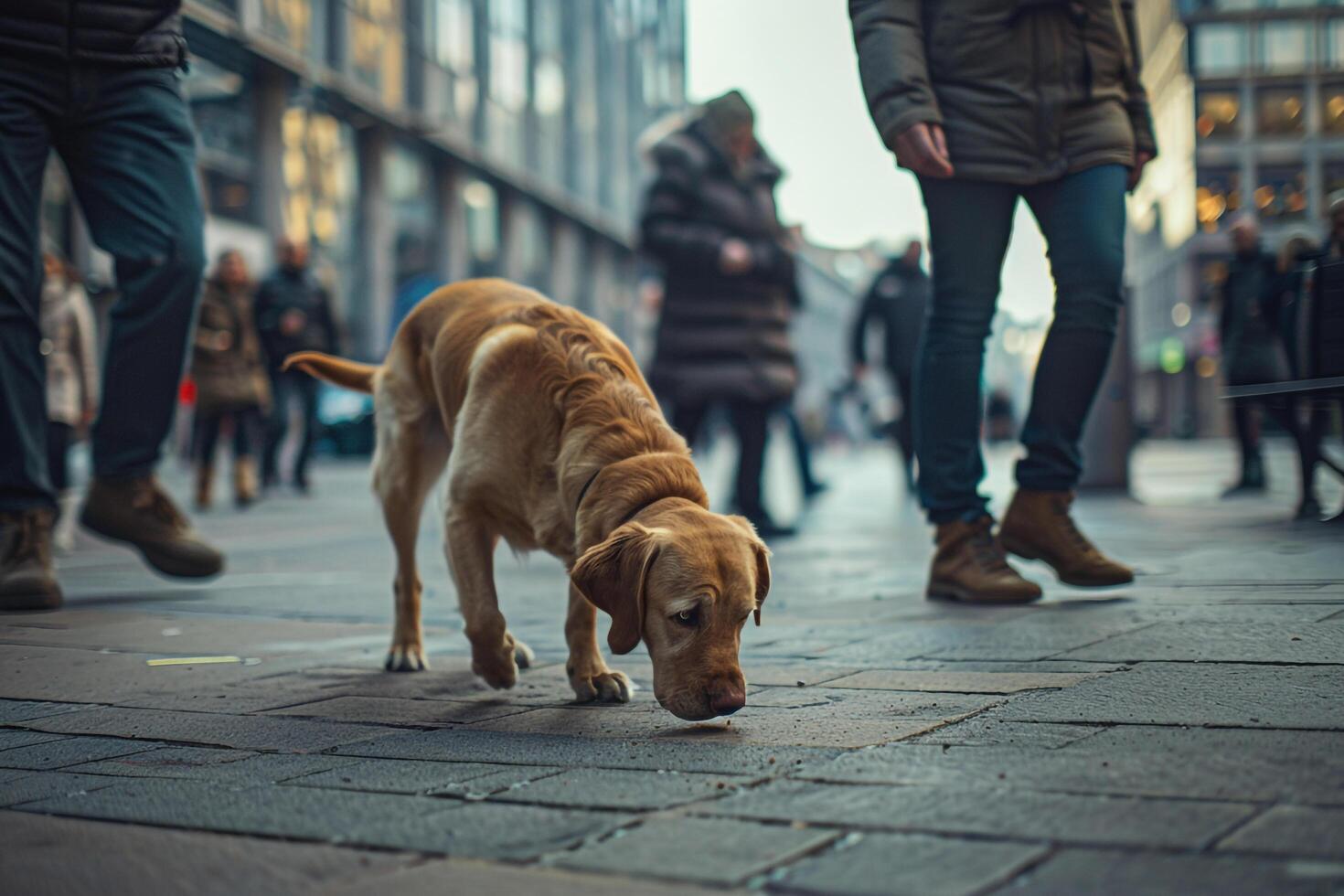 Dog exploring busy city square with pedestrians background photo
