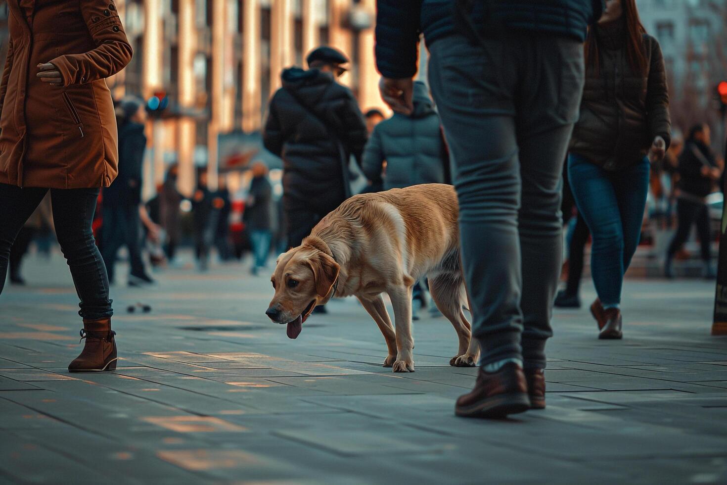 Dog investigating busy city square with pedestrians background photo