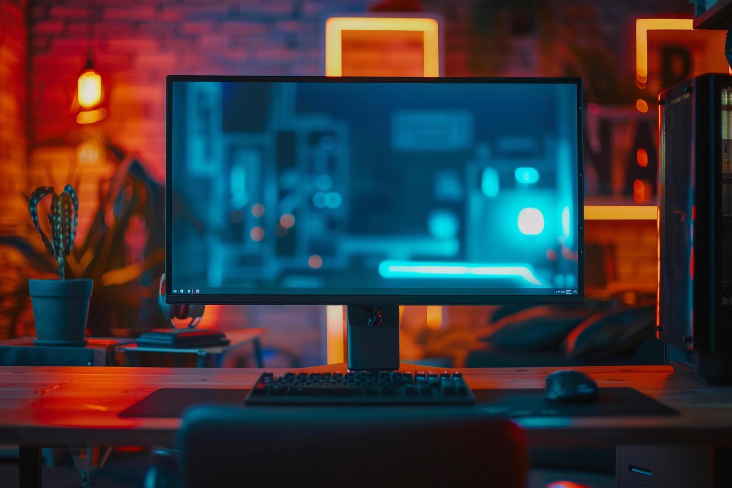 Urban desktop computer mockup with  design in a  and dynamic office photo