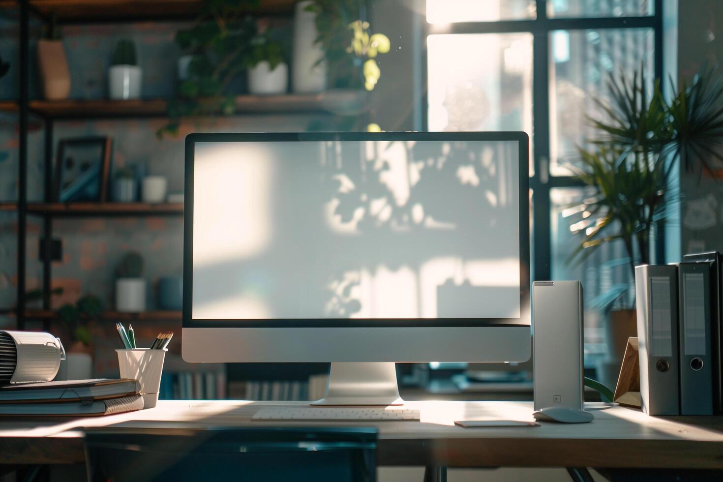 Urban desktop computer mockup with  design in a  office environment photo