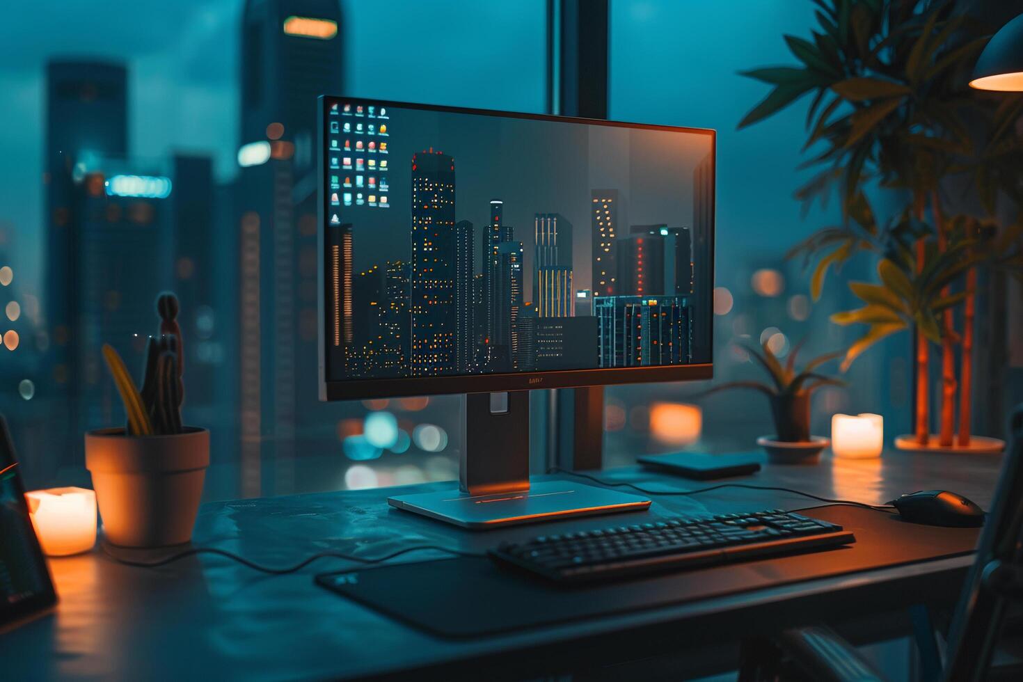 Urban desktop computer mockup showcasing  design in a contemporary office photo