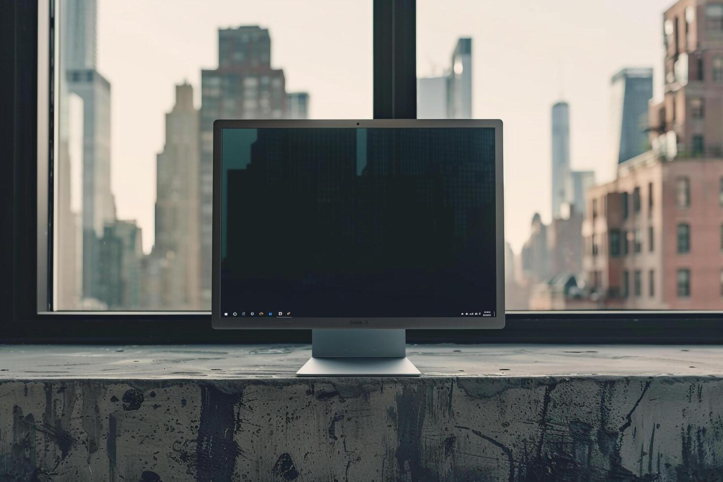 Urban desktop computer mockup with   office design and tech background photo